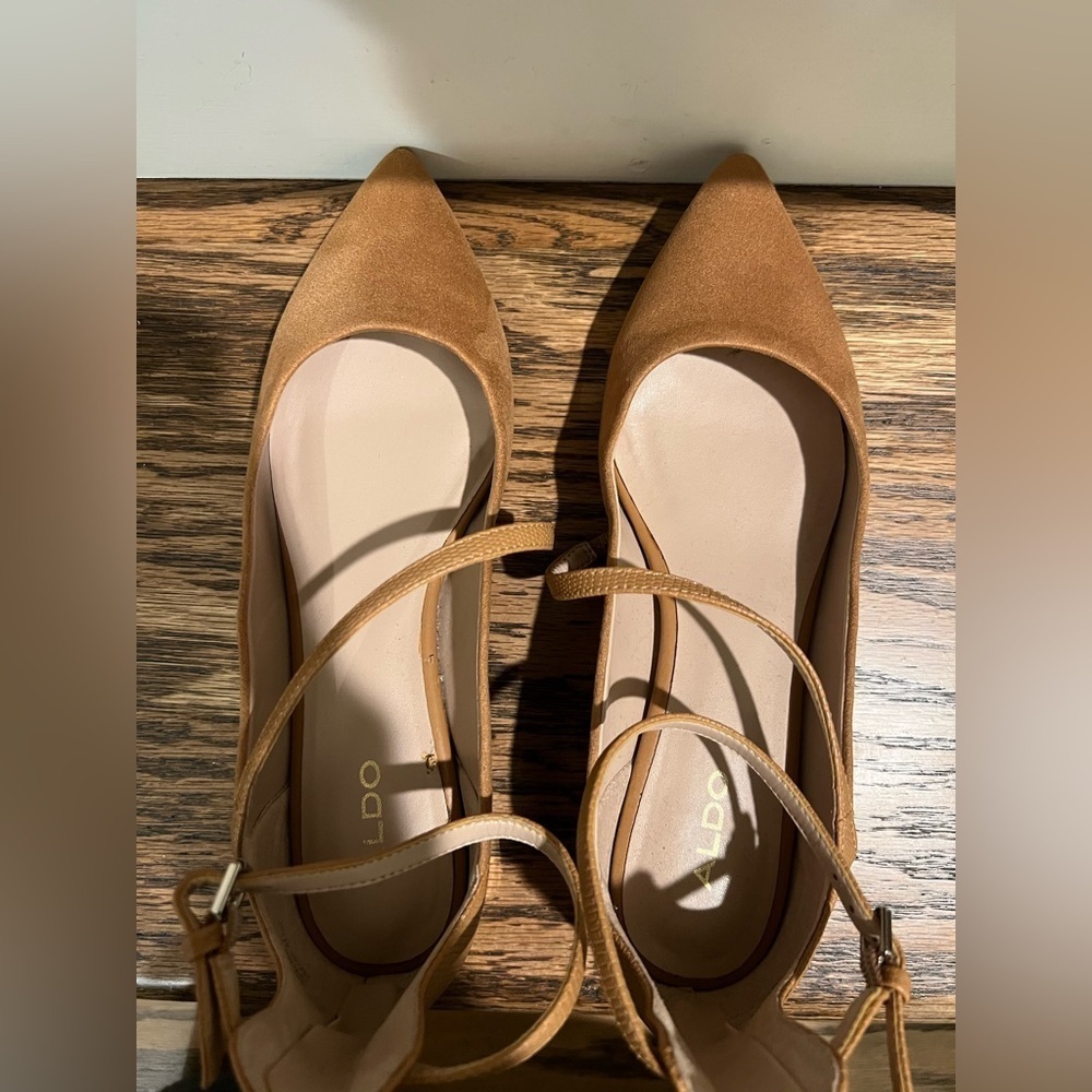 Aldo Tan Suede with Gold Heel Ankle Strap Flats - Picture 6 of 7